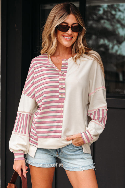 Colorblock Striped Patchwork Henley Pullover Top Exposed-Seam Drop-Shoulder